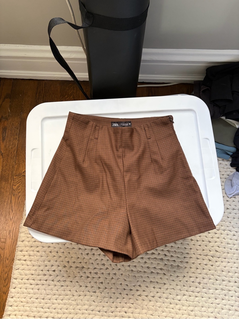 Zara Brown Micro-Check Tailored Shorts